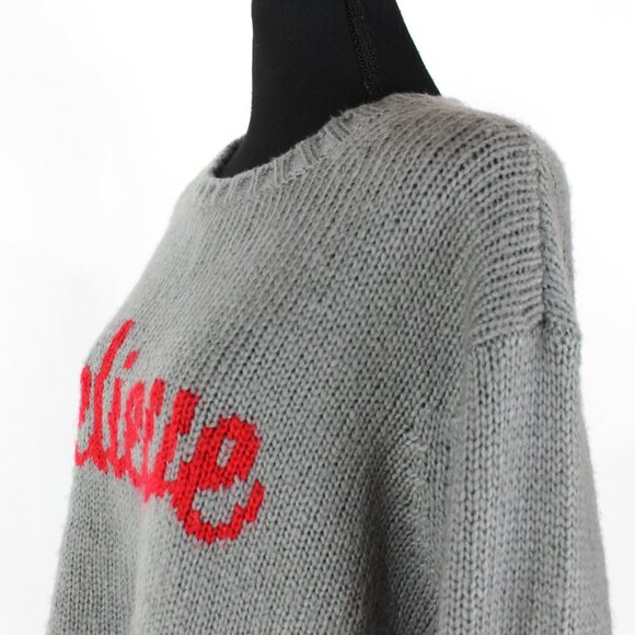 Wooden Ships Believe Red Grey Cozy Chunky Knit Pullover Crewneck Sweater M L - Picture 3 of 7
